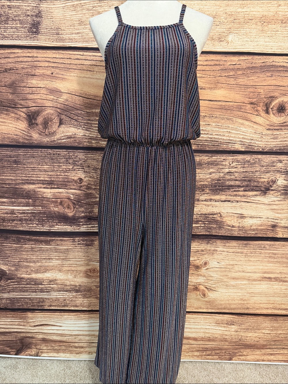 Sweet Rain Striped Wide-Leg Jumpsuit in Navy and Rust Metallic Thread